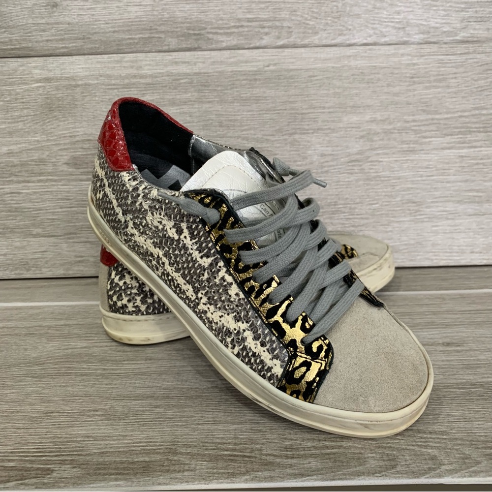 P448 John Sneakers Womens EU36 Snake Leopard Print Leather Suede Red US 6